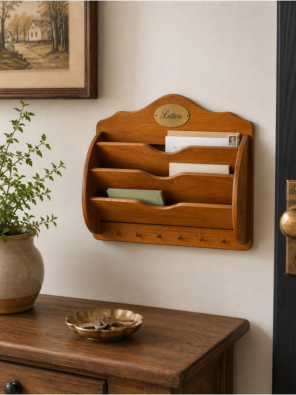 Vintage Wooden Wall Mail Organizer with Key Hooks